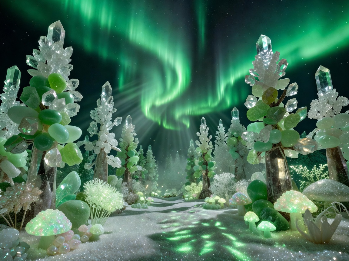 A breathtaking crystal candy forest illuminated by the brilliant emerald colors of the Northern Lights