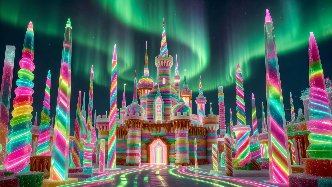 A high-resolution cinematic depiction of the glittering neon candy towers of Vinelonow under the green drapery of the Aurora Borealis